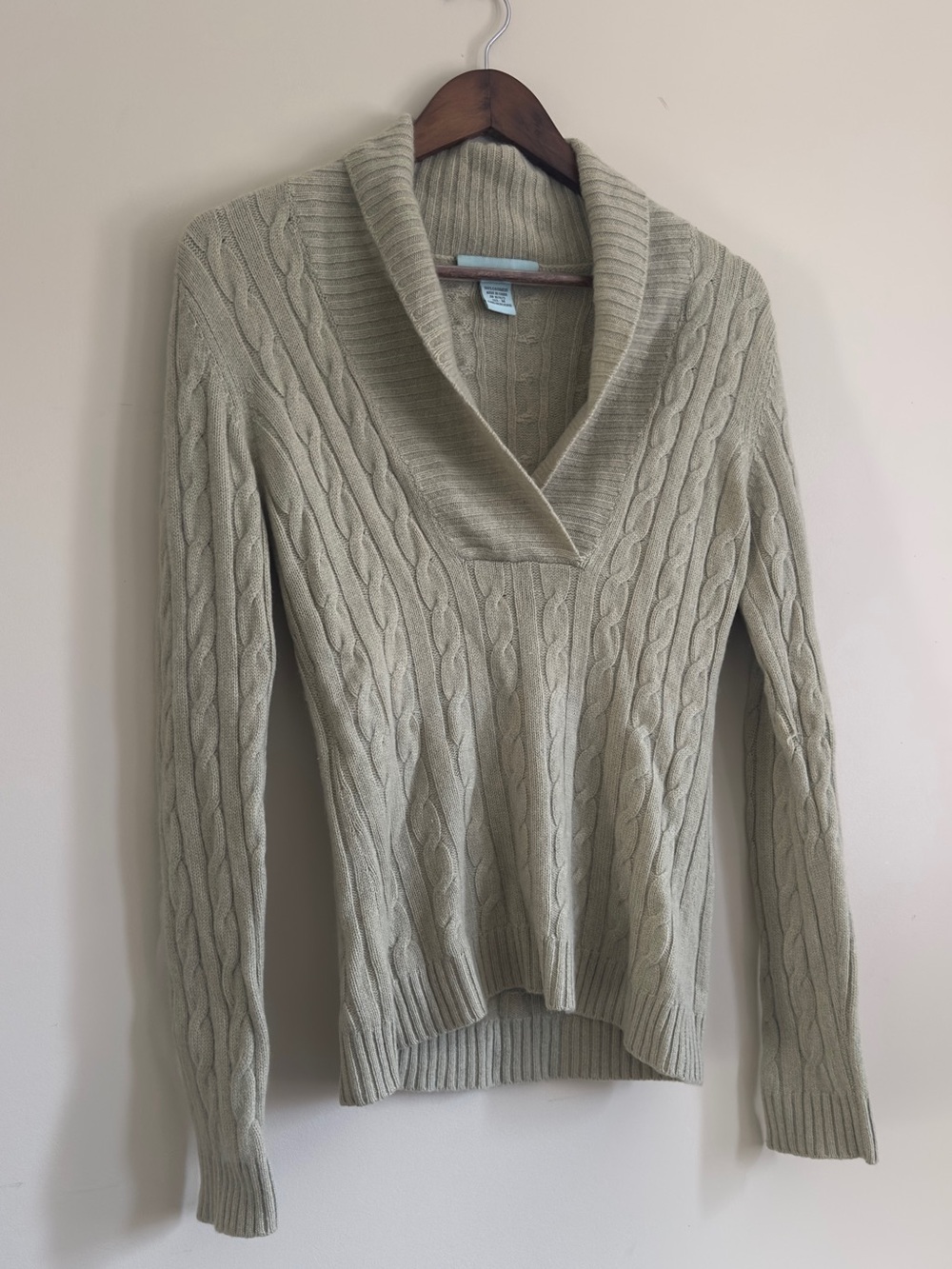 100% Cashmere Cable Knit Shawl Collar Sweater in Celery Green